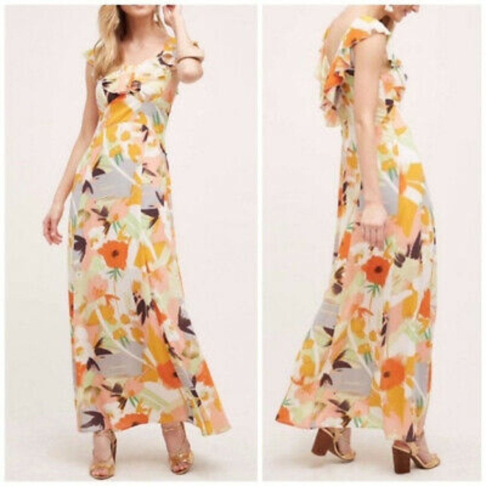 Anthropologie Floral Maxi Dress - Orange, Yellow, Cream